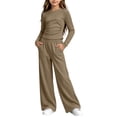 thumbnail image 2 of hotojiny Girls 2 Piece Outfit Long Sleeve Front Ruched Slim Fit Top Elastic Waist Wide Leg Pants Set Kids Fall Casual Clothes(Brown,5-6 Years), 2 of 6