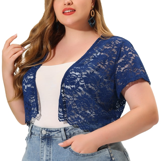 Women's Plus Size Shrug Cardigan Lace Allover Open Front Short Sleeve Crop Bolero Jacket Navy 1X