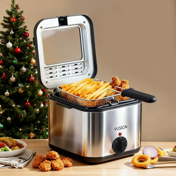 VUSIGN 1000W Electric Deep Fryer, 2.5 Quart Capacity, Easy-View Window & Adjustable Temp Control, Stainless Steel
