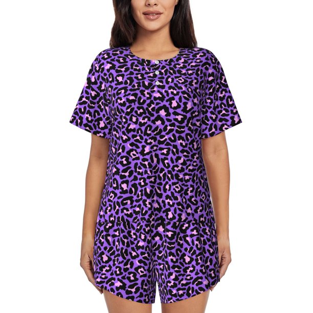 Fotbe Purple Leopard Conjunto de Pijama Estampado para Mujer, 2 Piezas, Ropa de Dormir con Camiseta de Manga Corta y Shorts Suaves-Small