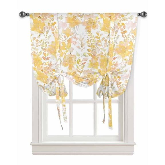 Yellow Flowers Tie Up Curtains for Kitchen Bathroom Bedroom Windows 45 Inch Length, Watercolor Summer Botanical Floral Balloon Drape Curtains Shade Rod Pocket Drapery Curtain Panel, 34"x45"
