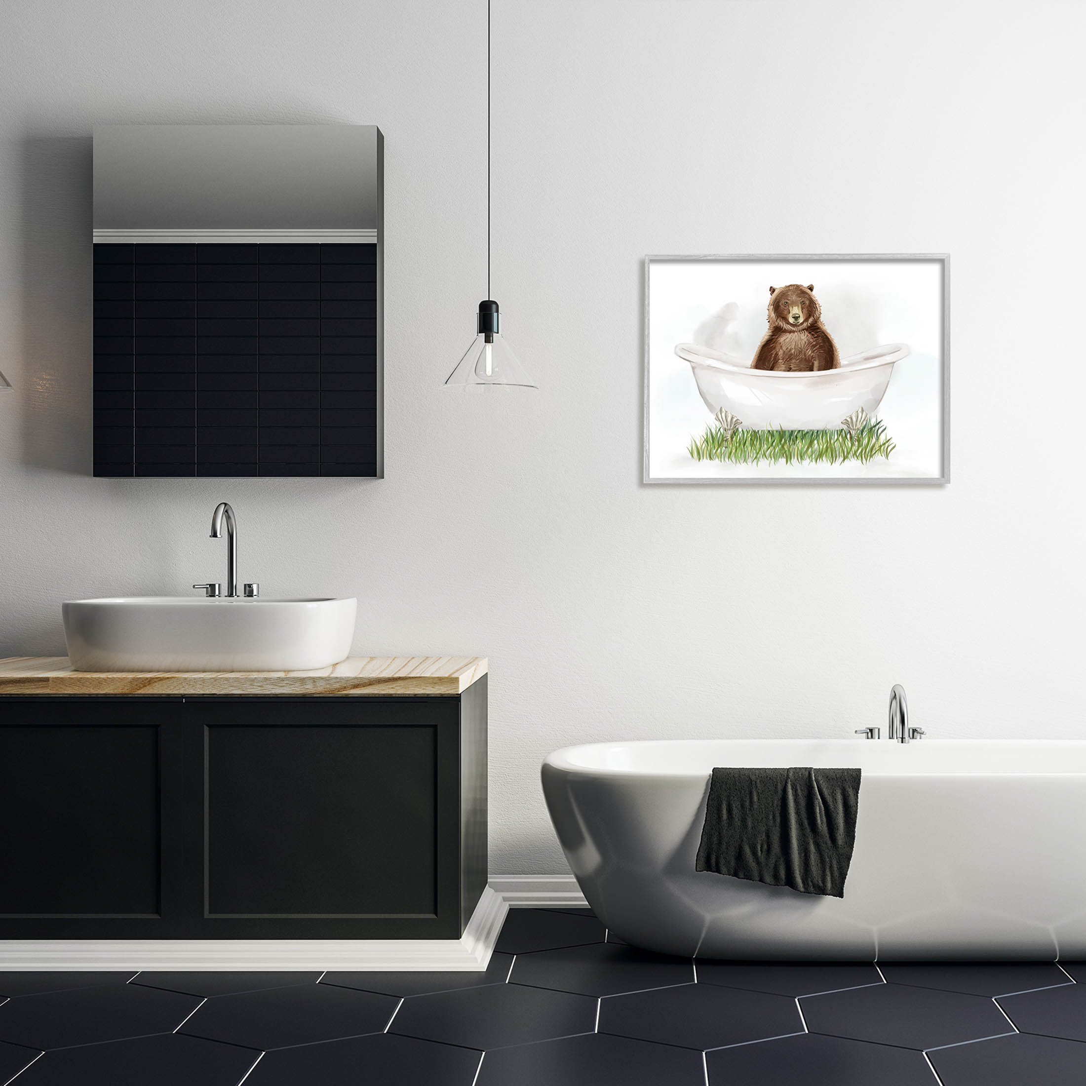 Bear In Tub Bathroom Animal Animals & Insects Graphic Art Gray Framed Art Print Wall Art