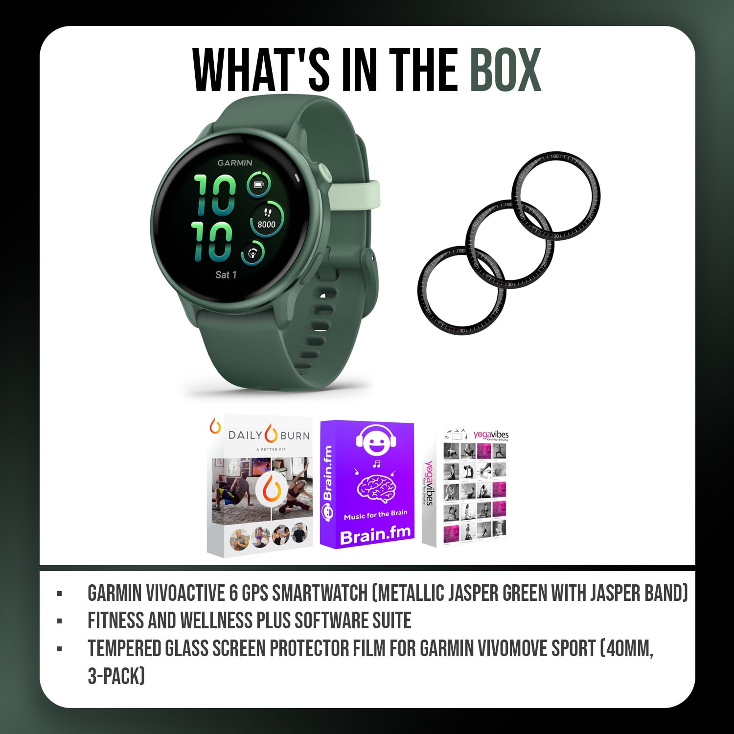 Garmin vivoactive 6 GPS Smartwatch (Metallic Jasper Green with Jasper Band) Bundle with Fitness and Wellness Plus Software Suite and Tempered Glass Screen Protector Film (40mm) (3 Items)