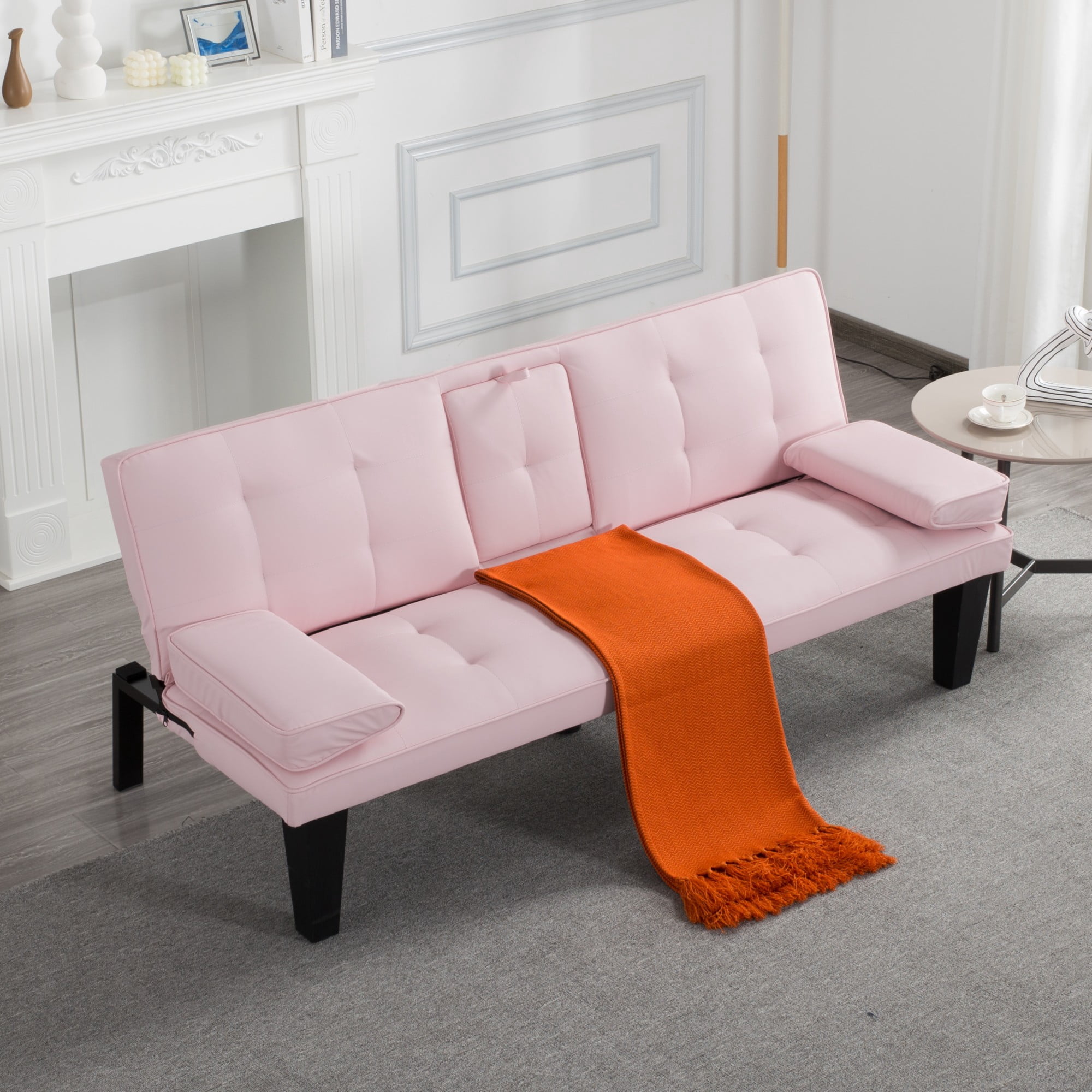BSHTI 65" PU Futon Sofa Bed with Drop-Down Console, Cup Holders, 3-Position Backrest, Arm Cushions, Chrome Legs for Living Room（Pink）