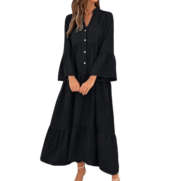 Lnmiateer Women Flowy Tiered Ruffle Maxi Dress V Neck Bell Sleeve Solid Soft Breathable Sundress for Beach Holiday Weekend Casual Outfit