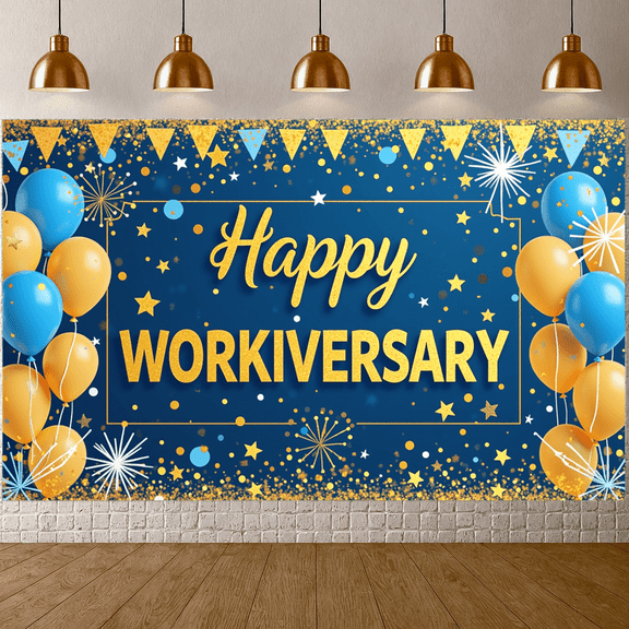 Blue Theme Happy Workiversary Banner Office Celebration Gold Stars Balloon Decoration for Company Event Workplace Party Milestone