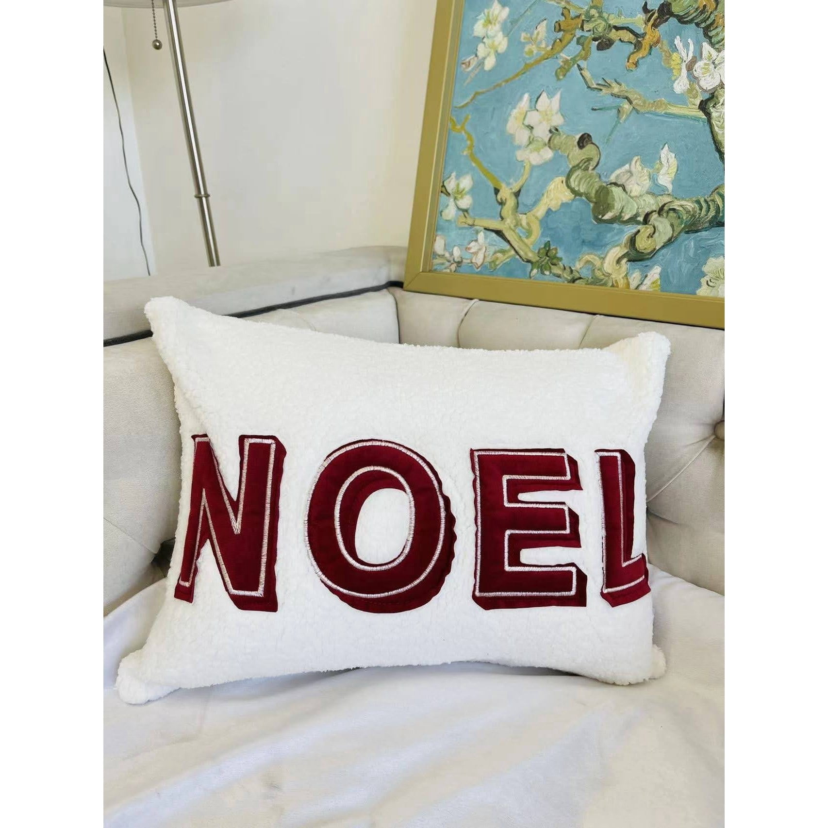 Noel Sherpa Throw Pillow with Red Stitching 14x20 Inch Cozy Christmas Holiday Decor