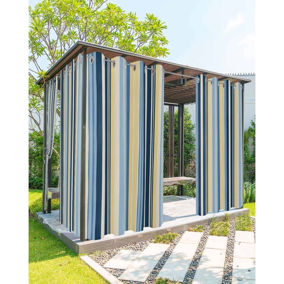 Blue Yellow Striped Outdoor Curtains for Patio, Farmhouse Stripes Vintage Privacy Drapes Grommet Waterproof Outside Curtains for Porch/Cabana/Balcony 54"x 95", 2 Panel