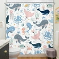 thumbnail image 4 of Kids Ocean Whale Shower Curtain 72Wx72H Inch Underwater Dolphin Cartoon Animal Octopus Jellyfish Sealife Cute Pink Blue Marine Turtle Bathroom Decor Fabric Polyester Waterproof 12 Pack Hooks, 4 of 6