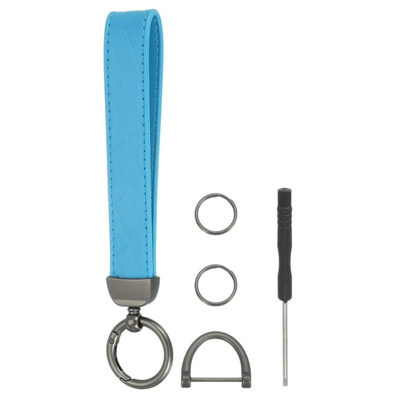 Leather Wristlet Keychain Car Key Chain Wristlet for Women, 7" Key Fob Holder, Black/Sky Blue
