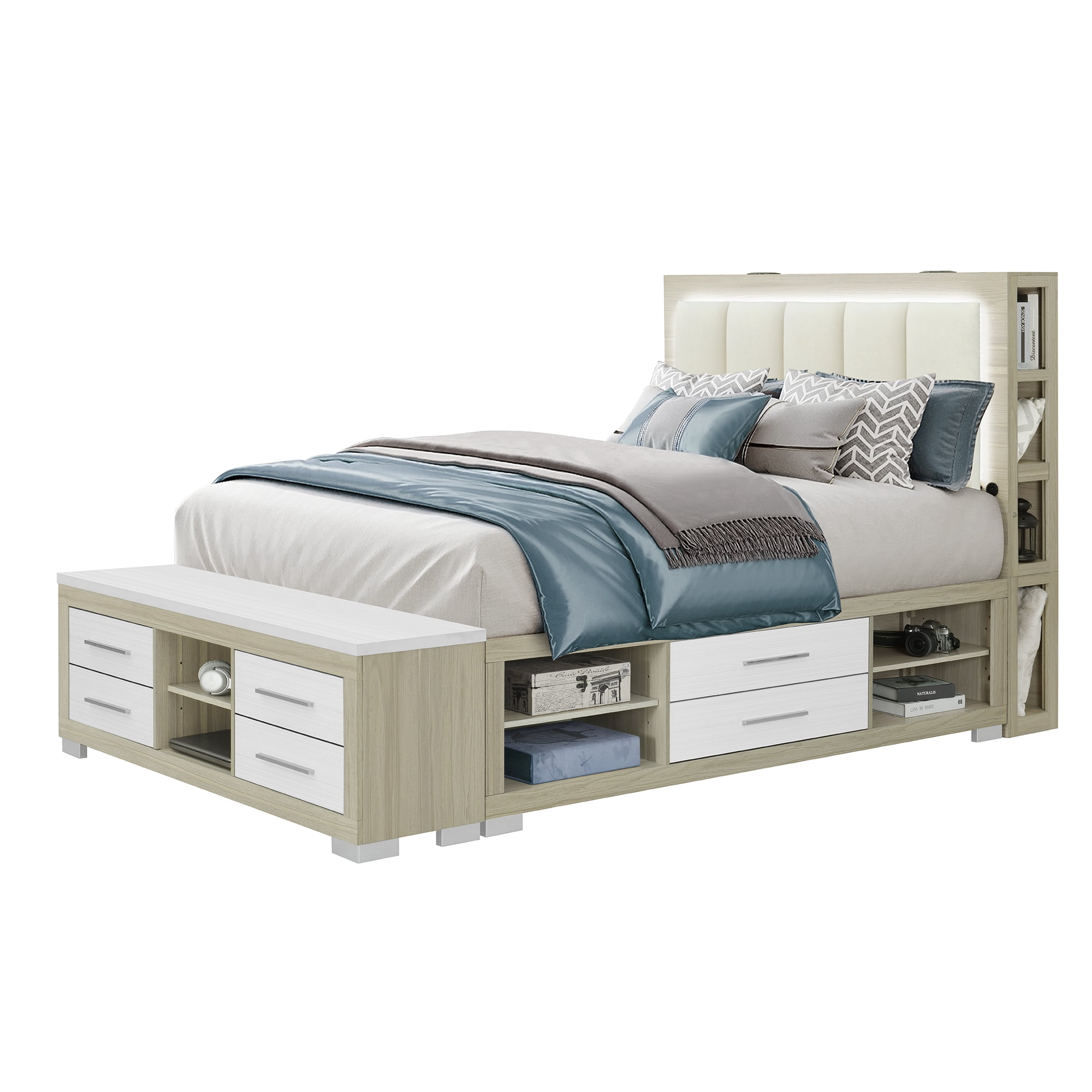 YLIME WHITE MARBLE KING BED FULLY SLATTED WITH LED