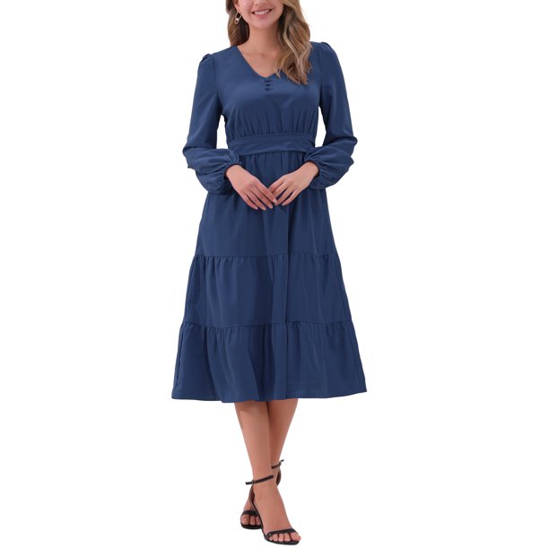 Vestido V de Cuello Inspire Chic para Mujer con Mangas de Linterna, Volantes, Corte A, Elegante, Casual, Midi, Talla XS, Azul Oscuro