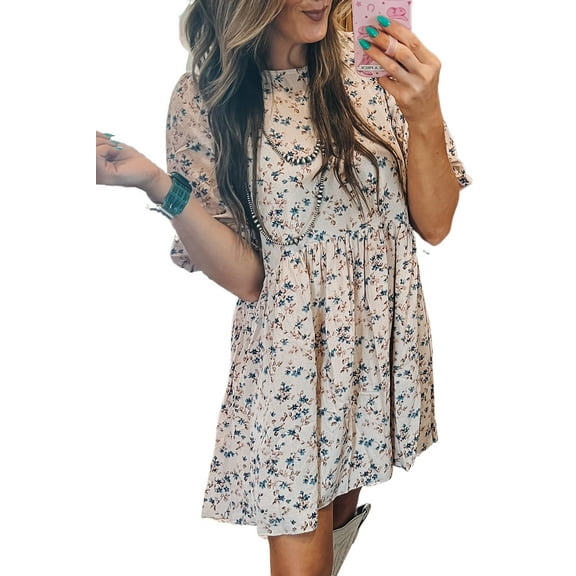 Women's Beige Floral Puff Short Sleeve Empire Waist Mini Dress for Summer | [ZhiHiMeRi] | (US 12-14)L