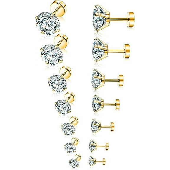 Xukmct 7 Pairs 316L Stainless Steel Flatback Stud Earrings Cubic Zirconia Earring Stud for Women Men, Gold