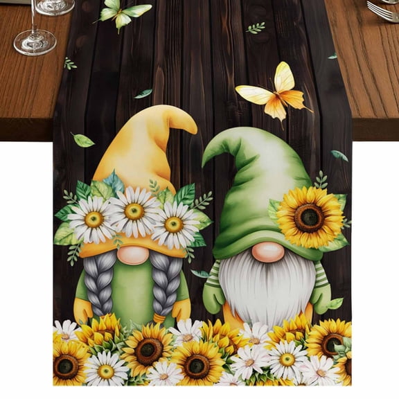 Table Runners 120 Inches Long Dress Scarves, Spring Gnomes Farmhouse Coffee/Dining/Kitchen Table Runner for Living Room, Farmhouse Botanical Sunflowers Wooden Grain 13x120 Inch