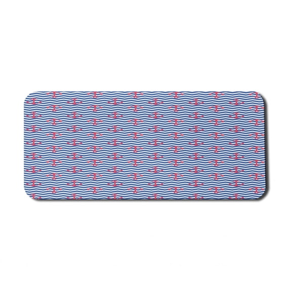 Anchor Computer Mouse Pad, Geometric Design with Anchors Silhouettes on Zigzag Lines Wavy Background, Rectangle Non-Slip Rubber Mousepad X-Large, 35" x 15", Blue Dark Coral White, by Ambesonne
