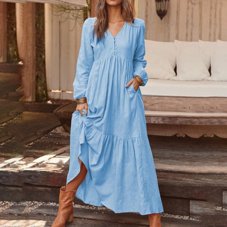 Womens Long Sleeve Button V Neck Dress Vintage High Waist Flowy Long Dress  Casual Loose Tiered Maxi Dress Fall Summer - Walmart.com
