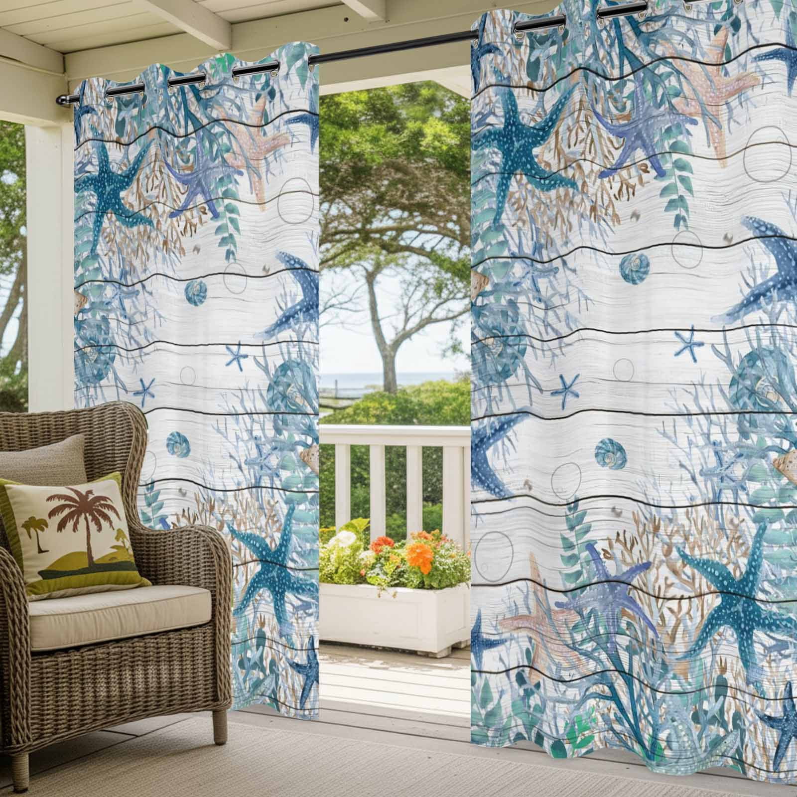 Summer Marine Life Outdoor Curtains for Patio, Watercolor Blue Starfish Ocean Bubble Wood Grain Sunshade Privacy Drapes Grommet Waterproof Outside Curtains for Porch/Cabana/Balcony 54"x 108", 2 Panel
