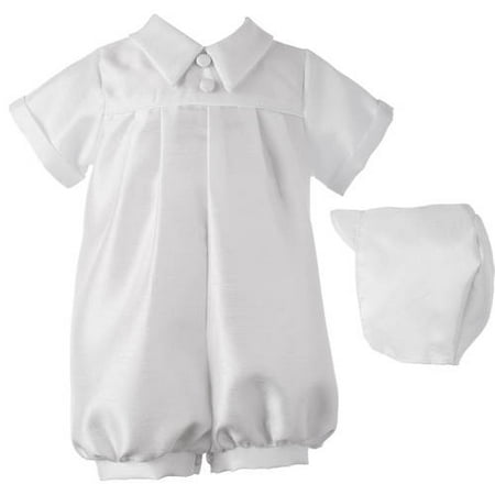 Christening Baptism Newborn Baby Boy Special Occasion 2 Pc Shantung Short Romper Outfit Set w/ Fabric Covered Buttons