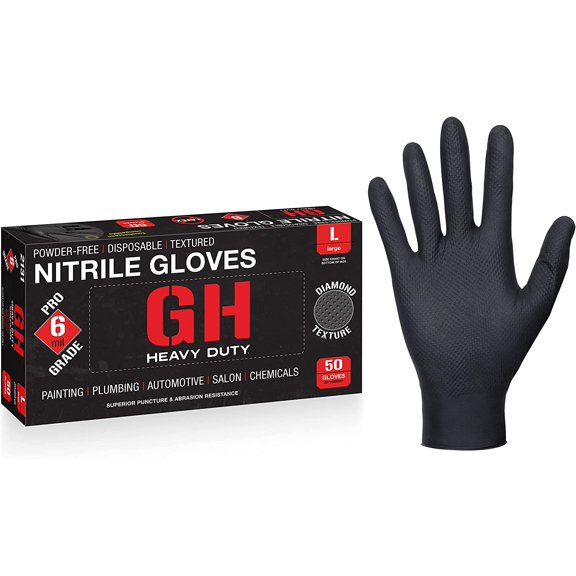 GH Heavy Duty Black Diamond Textured Nitrile Gloves, Latex & Powder free, 6 mil Thickness