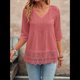 thumbnail image 4 of Camiseta de Verano con Cuello en V, 3/4, Estilo Retro, y con Bordado de Patchwork de Encaje Vintage para Mujer. Rosa M, 4 of 10