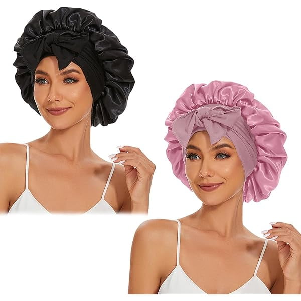 wonima11 Satin Silk Bonnet Hair Beanies for Sleeping Jumbo Sleep Cap, Black Wrap for Women Curly Hair, Double Layer Bonnet with Tie Band