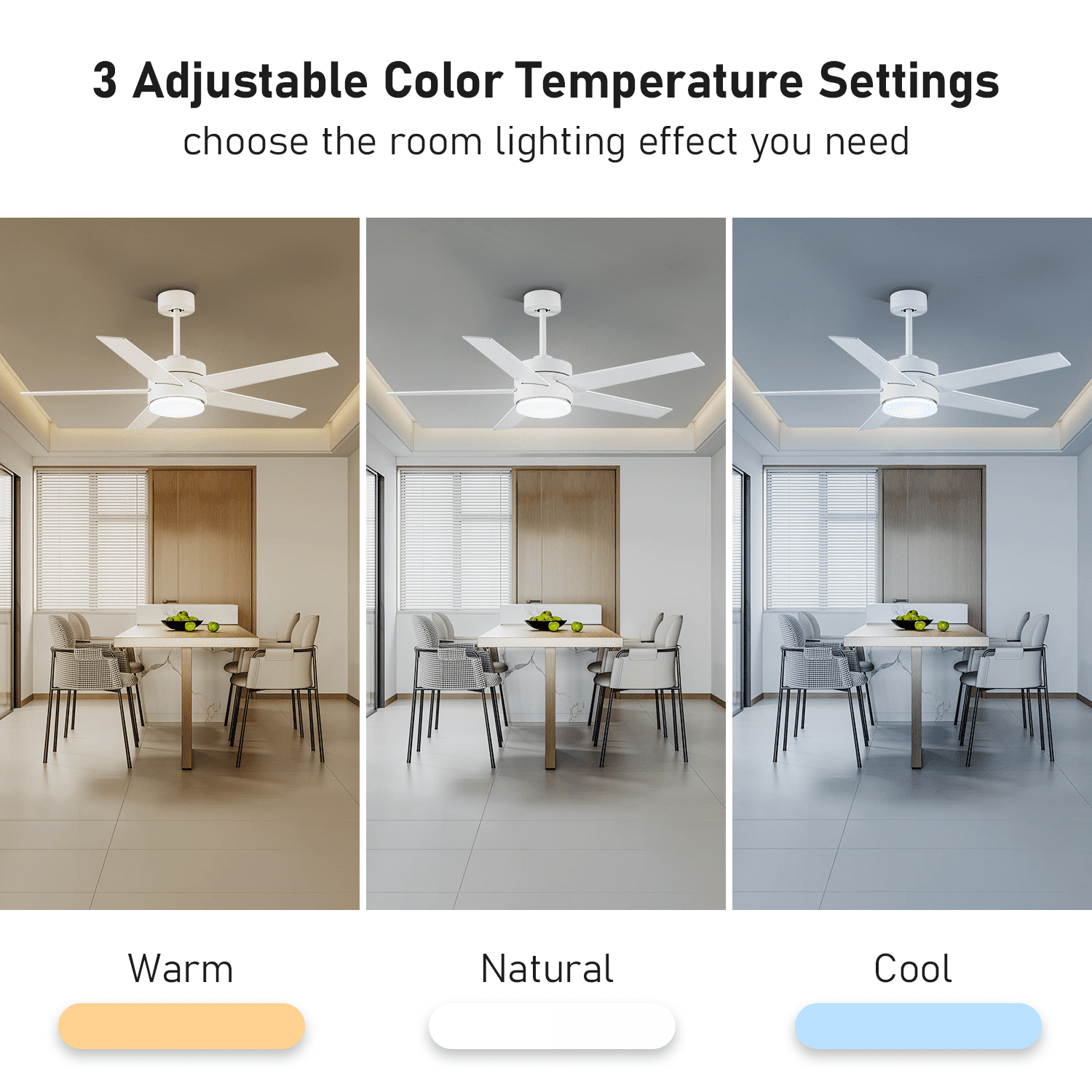 Ceiling Fan with Light, 52 Inch White Modern Ceiling Fan with Light and Remote Control, 5 Blades, Reversible Quiet Motor, 3CCT and Dimmable Light, for Living Room & Bedroom, Indoor/Outdoor