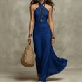 thumbnail image 4 of Women's Summer Solid Color Sleeveless Halter Neck Maxi Dress Criss Cross Front Slim Fit for Summer Dark Blue, 4 of 5