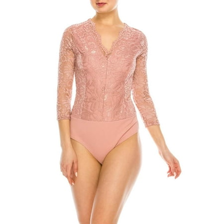 Salt Tree Women's Long Sleeves V-neck Lace Snapped Bottom Fit Bodysuit