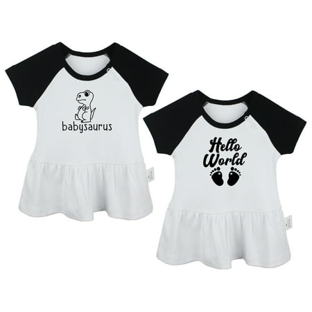 

Pack of 2 Hello World Pregnancy Announcement & Babysaurus Novelty Dresses For Baby Newborn Babies Skirts Infant Princess Dress Toddler Frocks (Black Raglan Dresses 0-6 Months)