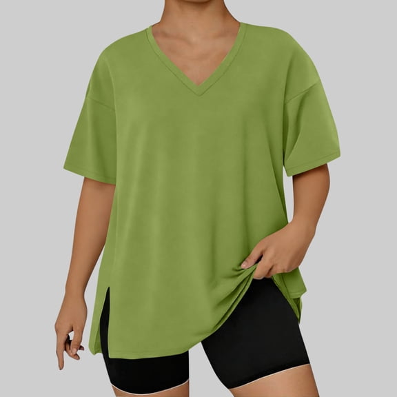 BSDJILFG Oversized T-Shirts for Women Plus Size Workout Tops V Neck Short Sleeve Gym Shirts Casual Loose Fit Basic Tees L-5XL