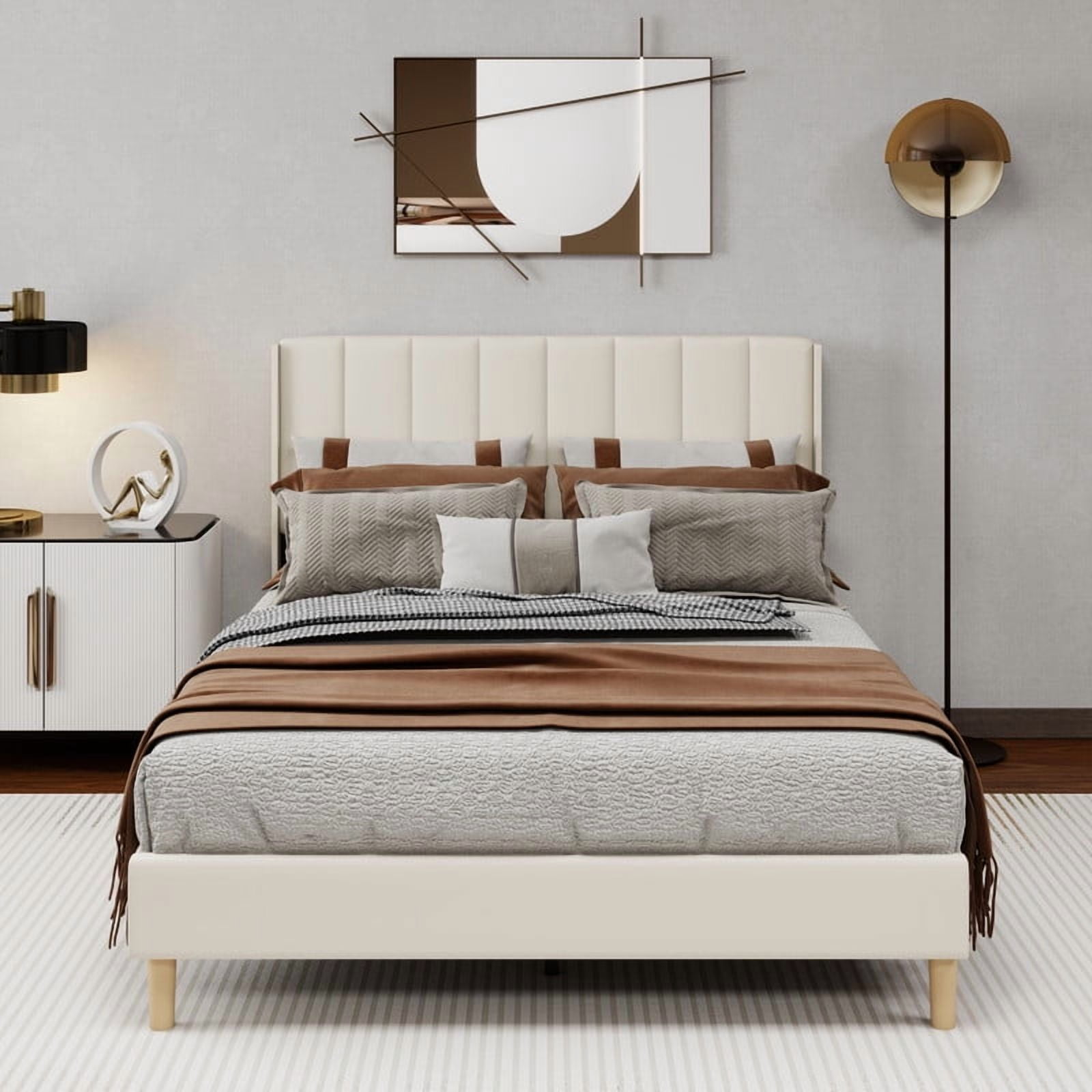 Caxkun Upholstered Platform Full Size Bed Frame with Wingback headboard Wooden Slats Support,Beige Velvet