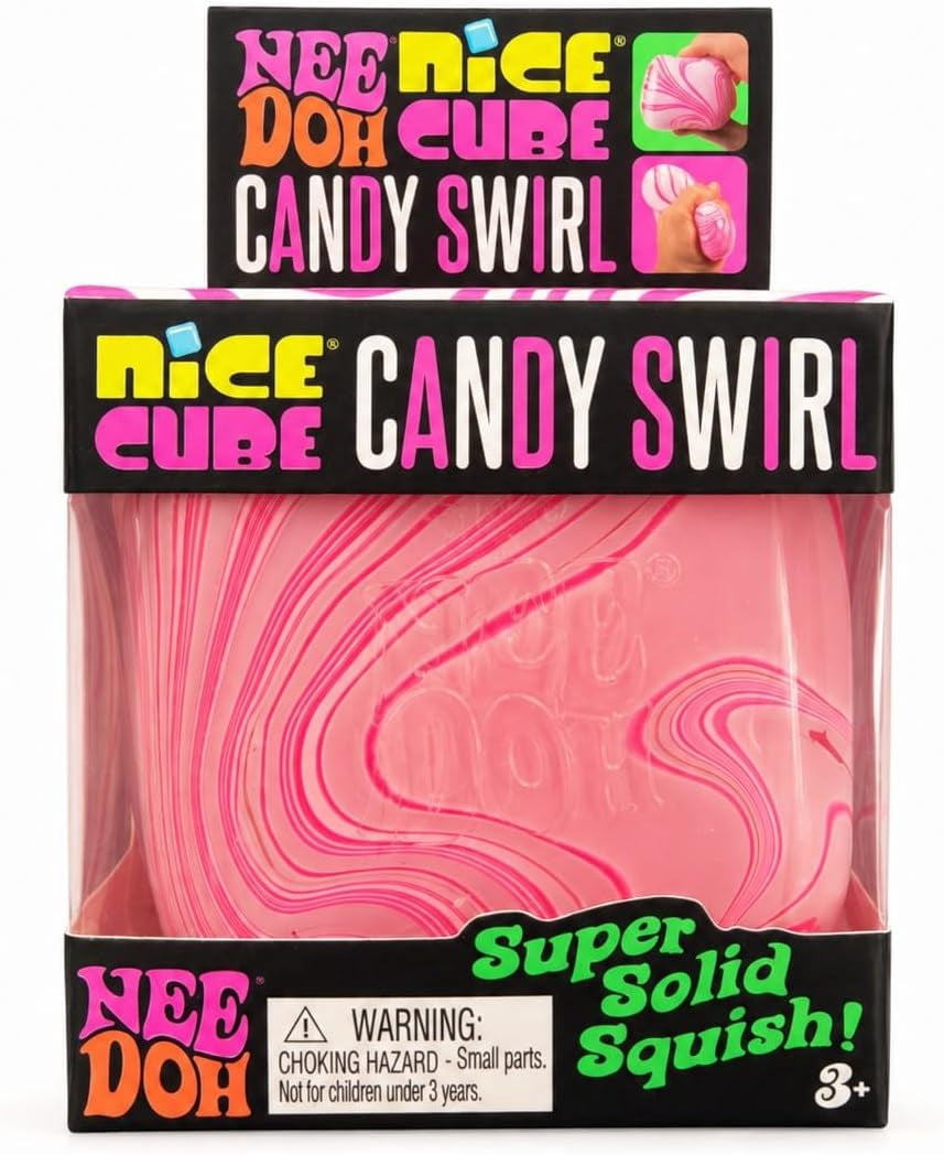 Schylling Candy Swirl Nice Cube - Sensory Squeeze Toy with Super Solid Squish - 2.25" Cube - Pink and White , 1ct