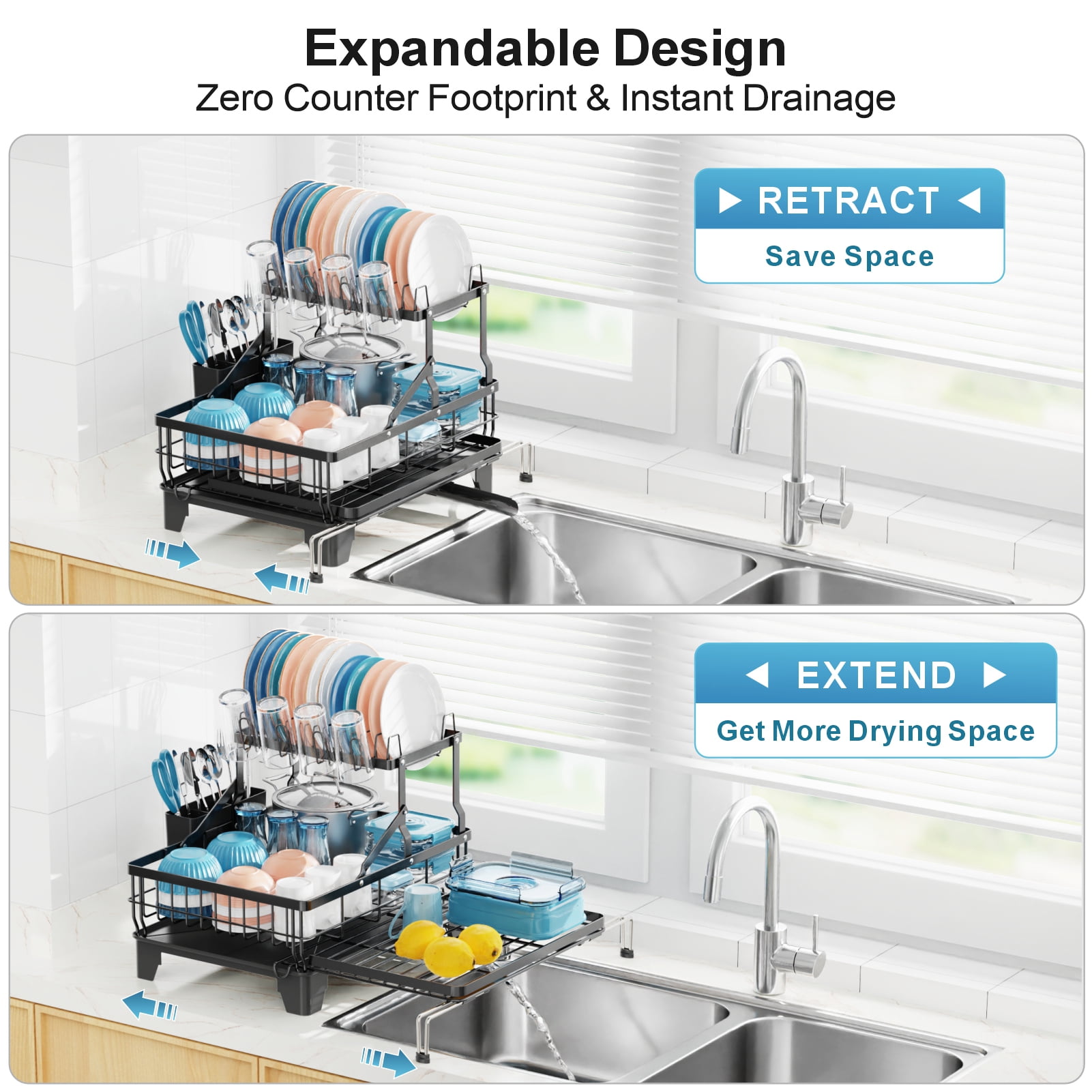 iSPECLE Large Dish Drying Rack - Extendable 2-in-1 Dish Racks for Kitchen Counter or Over Sink, 2 Tier Dish Drainer with Drainboard, Cups Holder and Utensil Holder, Black