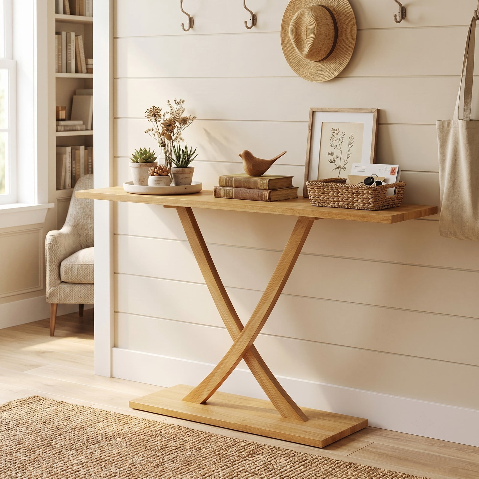Furnibear 57 Inch Solid Wood Console Table with Teak Wood Frame and Geometric X-Shaped Base for Living Room and Entryway, Natural