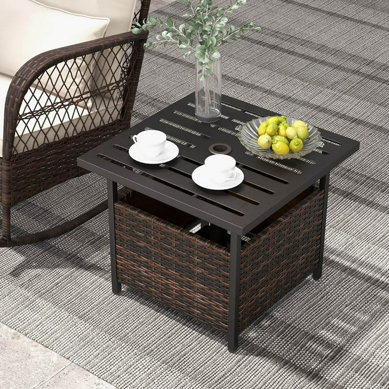 Costway Rattan Wicker Steel Side Table Outdoor Furniture Deck Garden Patio Pool Brown