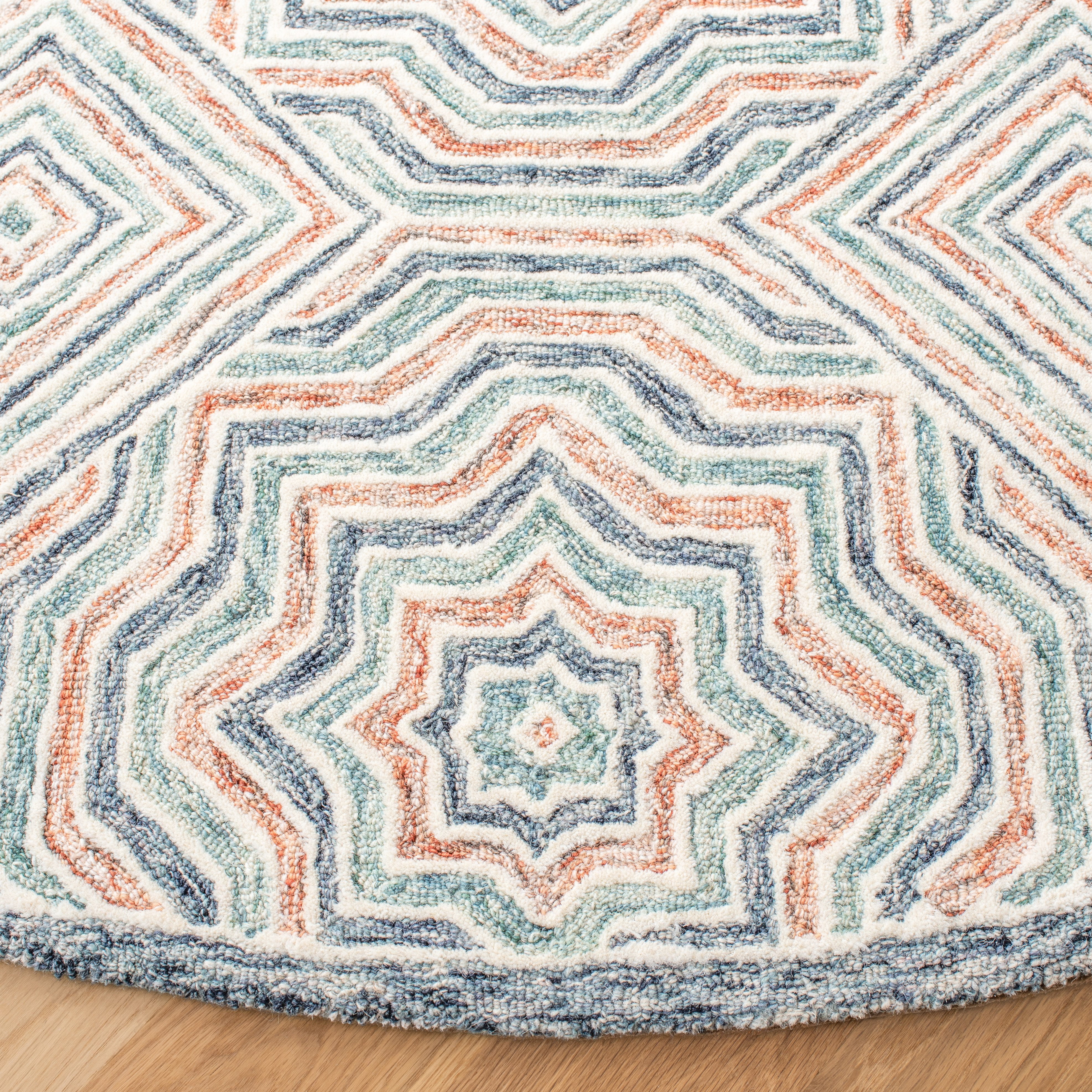 SAFAVIEH Capri Layla Geometric Wool Area Rug, Blue/Rust, 7' x 7' Round