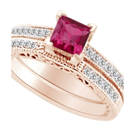 AFFY (1.05 cttw) Simulated Pink Sapphire & White Natural Diamond Antique Engagement Wedding Ring Set In 14k Rose Gold With Ring Size 4