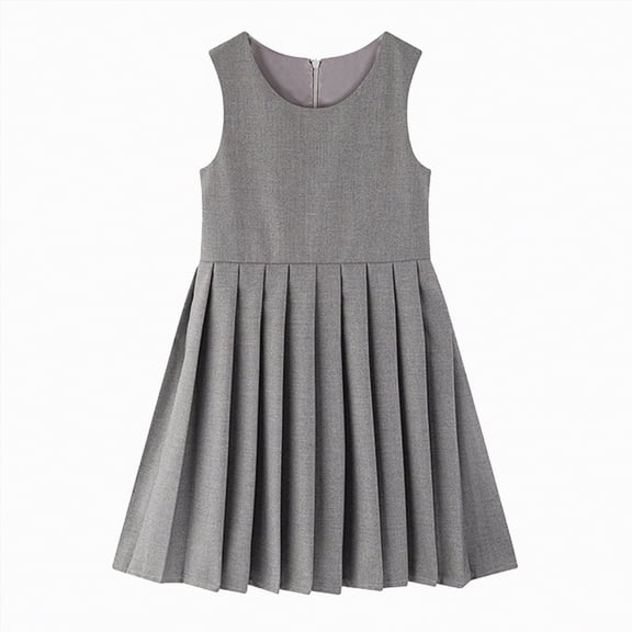 CAICJ98 Girls School Uniform Jumper Dress Solid Soft Sleeveless Crew Neck A-Line Pleated Dress (5-6 Years,Grey)