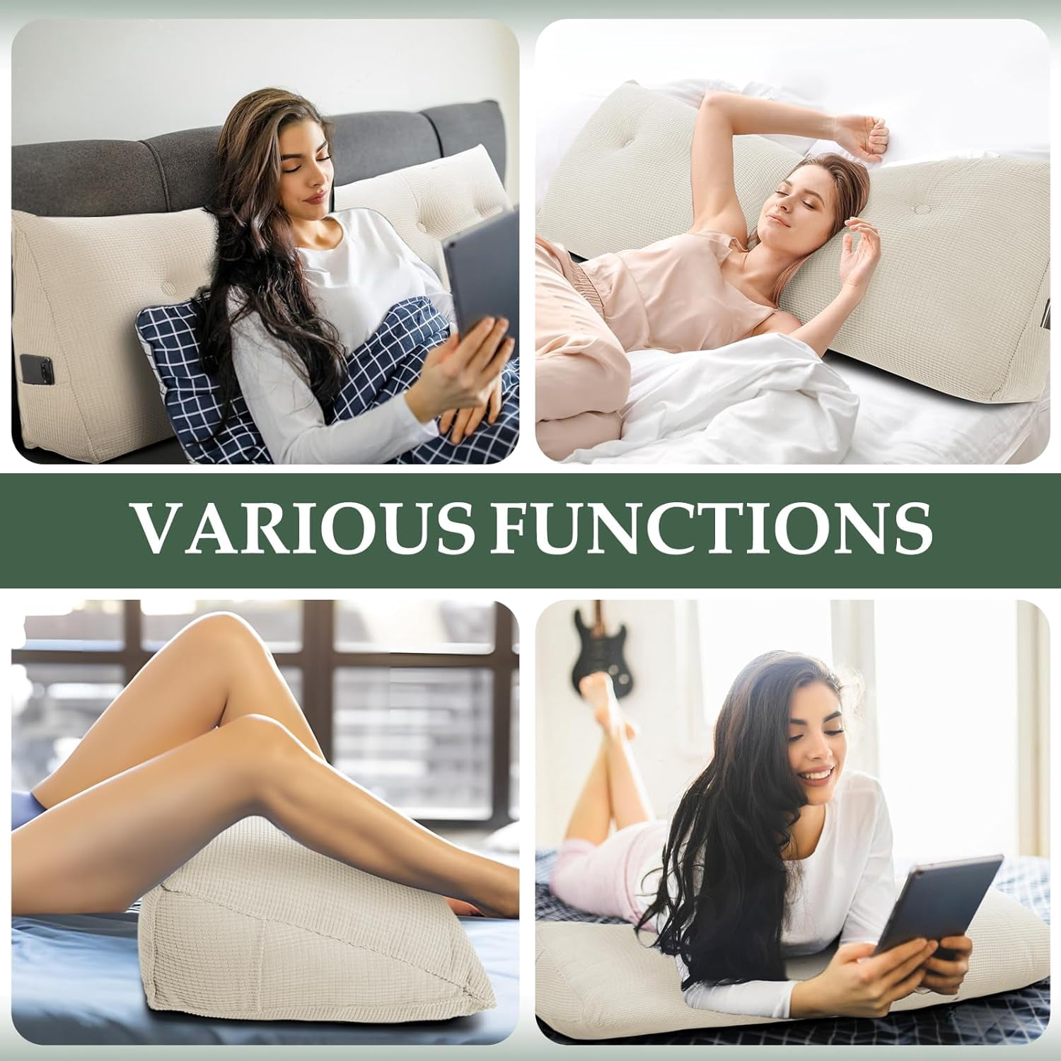 Soft Headboard Pillow Full Size, Wall Backrest Wedge Pillow Headboard Full, Reading Backboard Pillows, Large Dorm Daybed Bolster Pillows for Back Support with Removable Cover, Beige