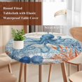 thumbnail image 3 of Coastal Octopus Round Tablecloth 45-54 Inch Round Fitted Table Cloth with Elastic Edge, Nautical Coral Leaf Turquoise Wood Grain Waterproof Table Cover Protector for Outdoor Picnic Party Dining, 3 of 9