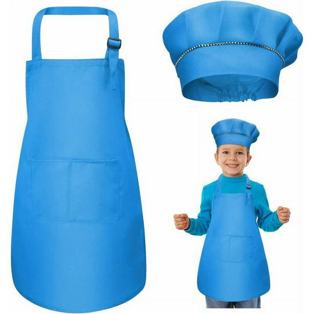 Delantal y gorro de chef para niños, delantales de cocina ajustables con 2 bolsillos para niñas y niños, delantal de chef de jardín para hornear, pintar y hacer manualidades (7-13 años) (azul) -