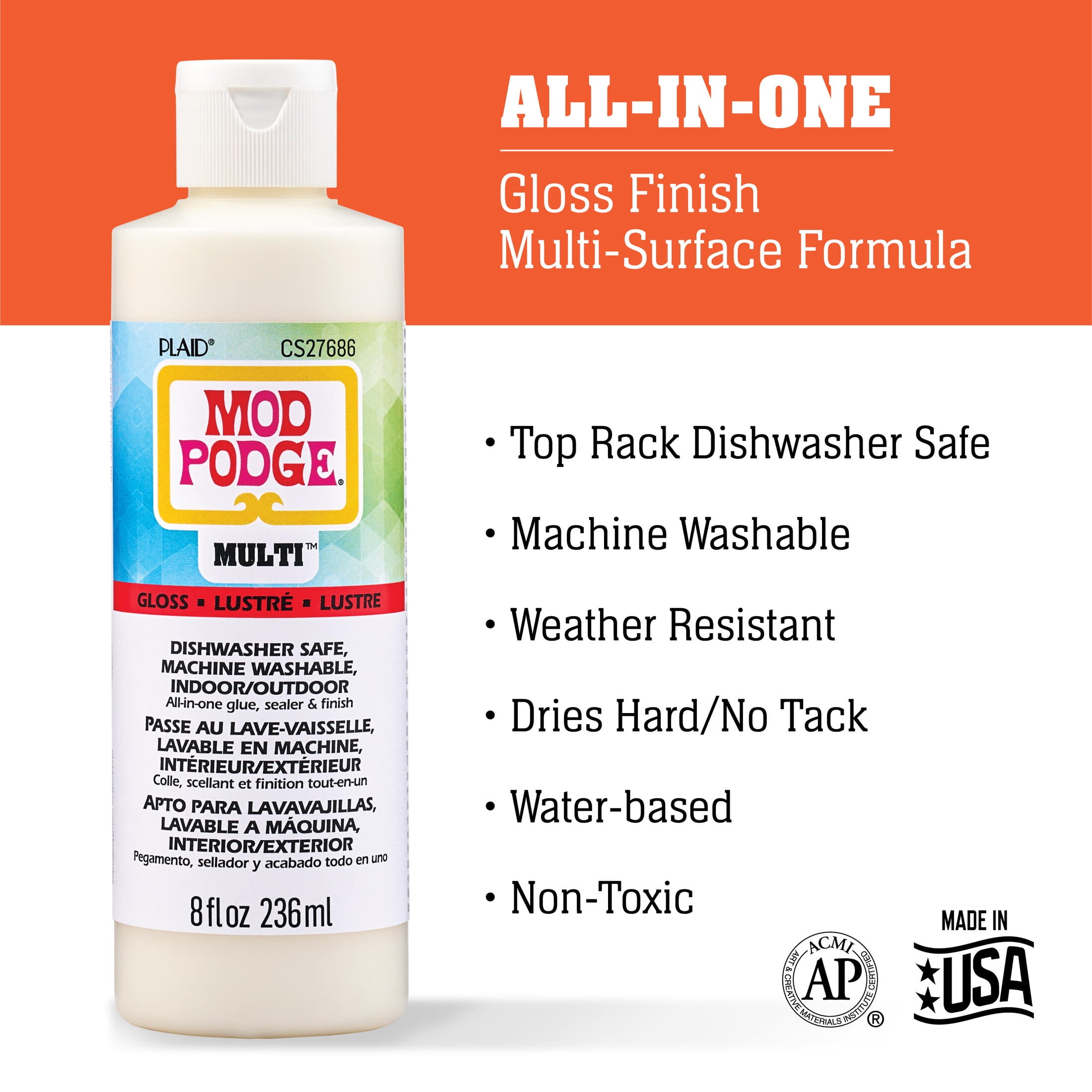 Mod Podge Gloss Multi-Surface All-in-One Glue, Sealer, and Finish, 8 fl oz Bottle, Quick Dry