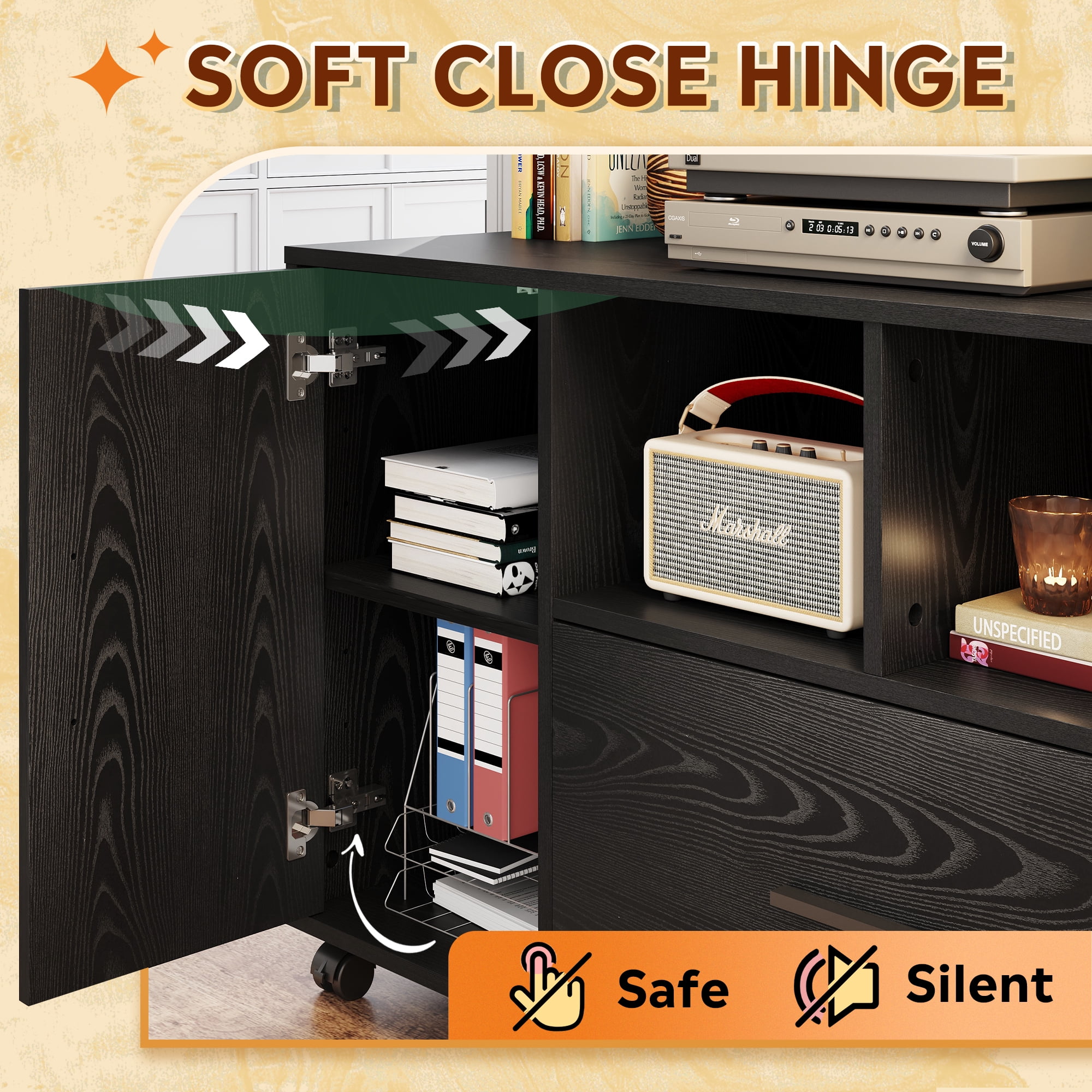 GALAXHERO Lateral File Cabinet with Lock, Rolling Wood Cabinet for Home Office, Printer Stand with Shelf, Fit Legal/A4 Size, Black
