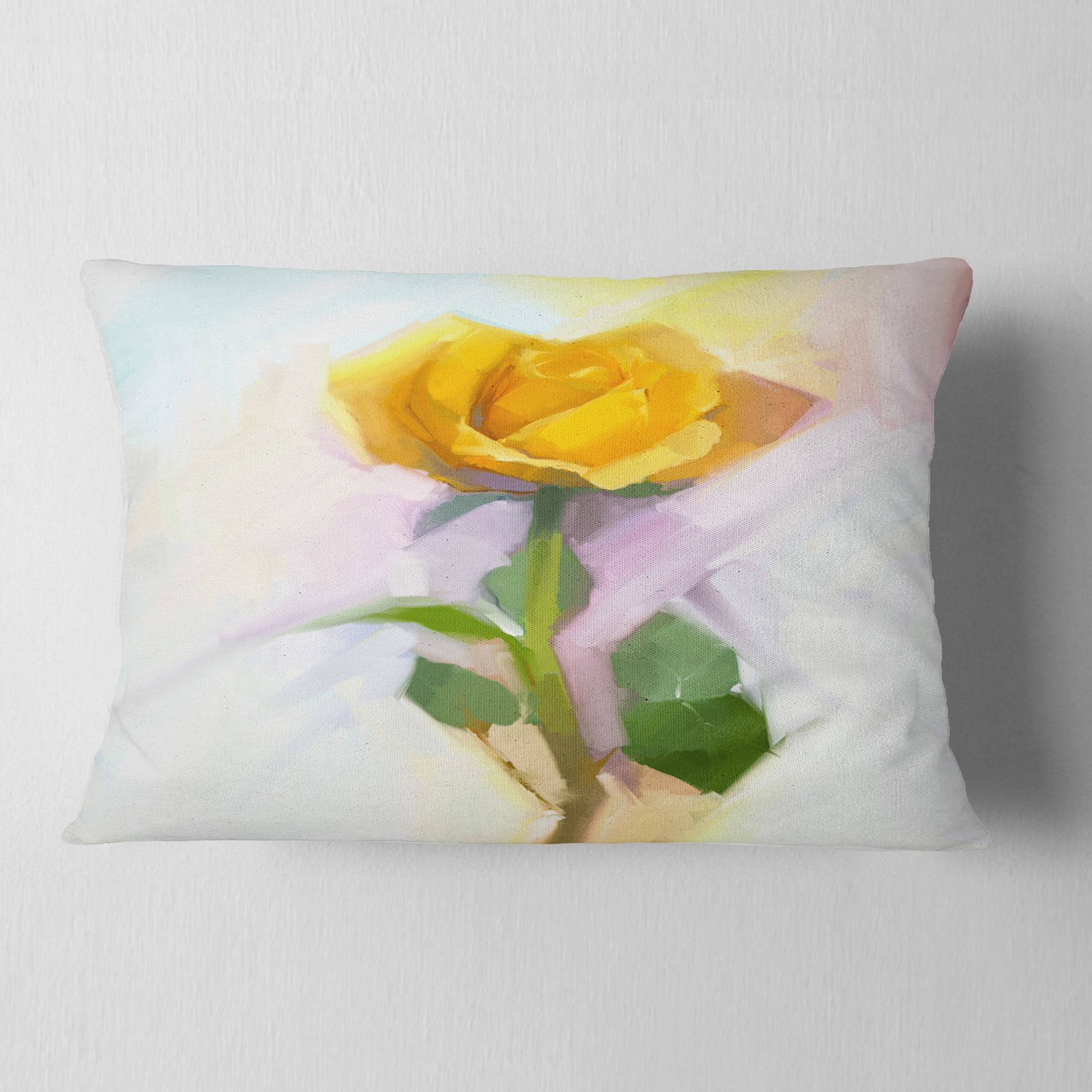 Designart Rose With Green Leaves Painting - Floral Throw Pillow - 12x20