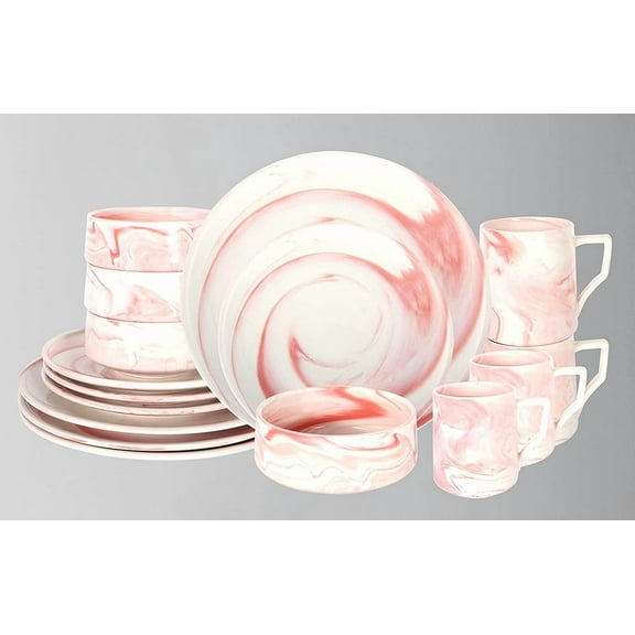 Fine China Artisan Marbled Dinner Set (16pc Set, Pink)