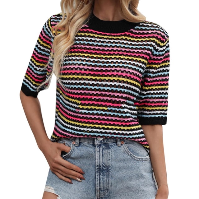 WEAIXIMIUNG Chemises à Manches Courtes pour Femmes Ensemble Couture Tricot Ajouré Ample Col Rond Rayé