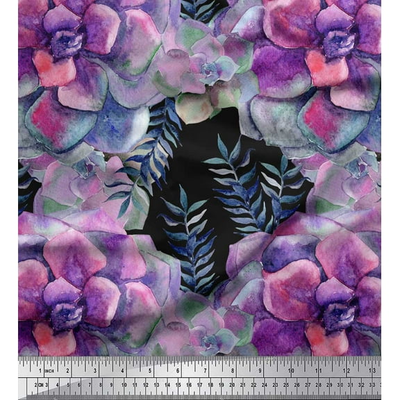 Soimoi Black Cotton Duck Fabric Leaves & Begonia Floral Print Fabric by Yard 44 Inch Wide