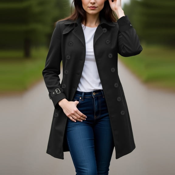 Women's Hot Pink Double Breasted Jacket Notch Collar Long Sleeve with Cuff Belts Classic Mid-Length Trench Coat Outerwear for Daily Wear Black