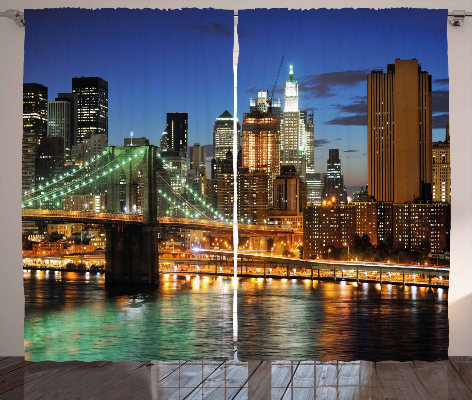 City Curtains 2 Panels Set, New York at Night with Brooklyn Bridge